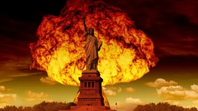 Nuclear Bomb explosion behind Statue of Liberty